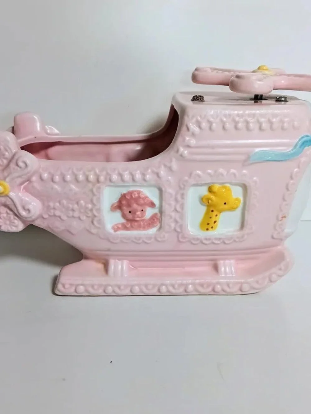 Vintage Pink Ceramic Napco Ware Helicopter Animal Planter Music Box Baby Nursery - Picture 7 of 8